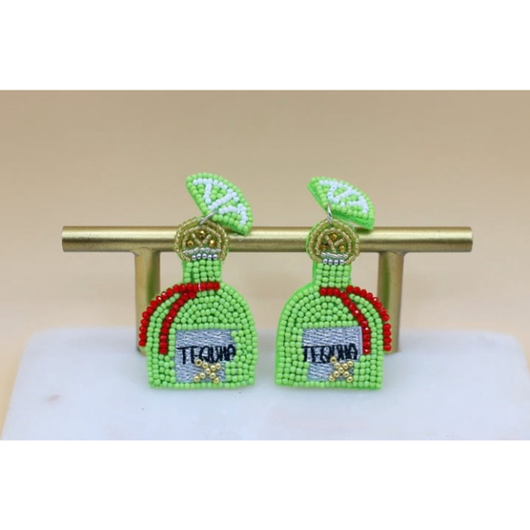 Boutique Jewelry - Lime green tequila bottle seed bead earrings